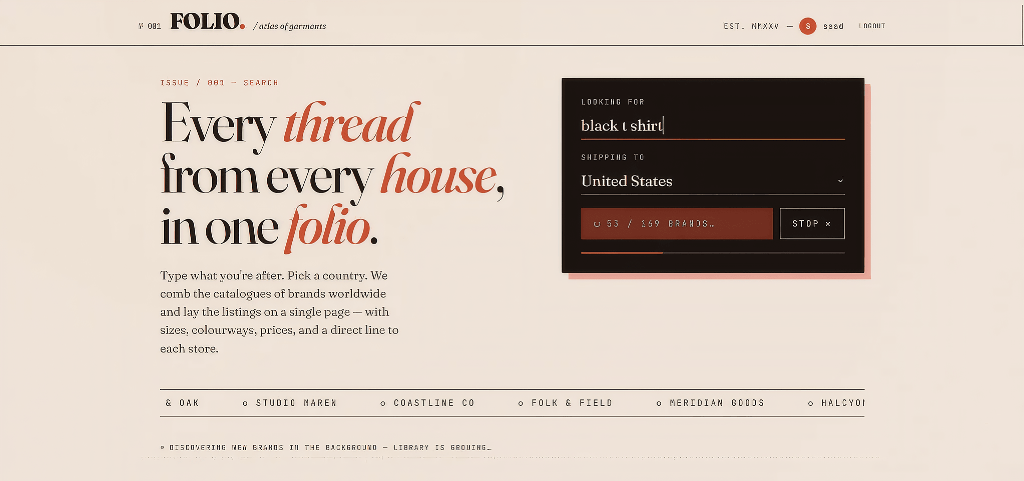 FOLIO search interface with Kafka pipeline actively scraping brands across 10 countries